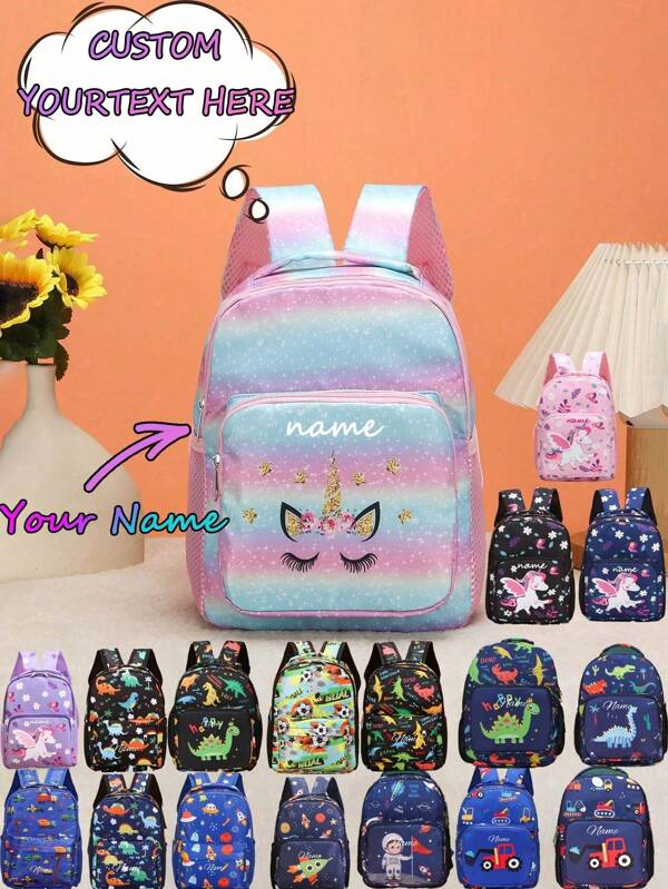 1 pieza Mochila con estampado de unicornio de dibujos animados personalizable con nombre, texto para niñas, posición aleatoria del estampado