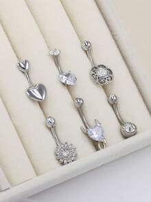 6 件时尚方晶锆石装饰蝴蝶形肚脐环，心形吊坠肚脐穿孔首饰适合男士、日常佩戴和节日礼物，不锈钢弯杆肚脐环镶嵌闪亮水钻 - 彩色 - 查看 5