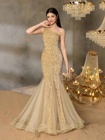  Alisa&Leo 单肩亮片青少年晚礼服搭配薄纱美人鱼裙 - 优雅正式礼服，适合庆典活动、红毯庆典、毕业舞会、慈善晚宴