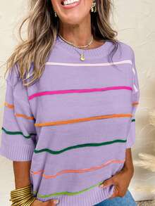 Acelitt Casual Contrast Stripe Off-Shoulder 3/4 Sleeve Ribbed Crew Neck Knit Top, Suitable For All Seasons