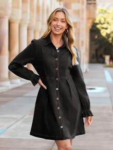 Women's 2025 Denim Dress Lantern Long Sleeve Babydoll Button Casual Collar Mini Jean Dresses - 牛仔黑 - 查看 4