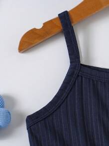 3pcs/Set Baby Girls Floral Print Solid Color Ribbed Button Strap Dress Set