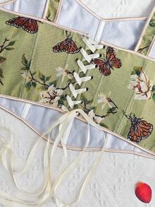 Plus Size Vintage Green Floral Corset | Butterfly Print Bow Straps Slim Fit Top - Green - View 12
