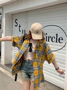 复古美式小众设计女式短袖格子衬衫，轻盈夏季防晒夹克，宽松百搭小码衬衫 - 黃色 - 查看 7