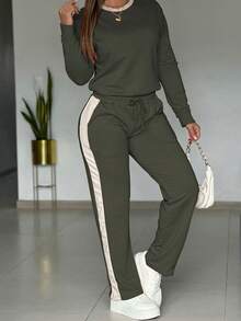 Autumn And Winter Fashion Color Collision Sports Suit Round Neck Long-Sleeved Top Fake Drawstring Pockets Side Splicing Pants Two Pieces Set