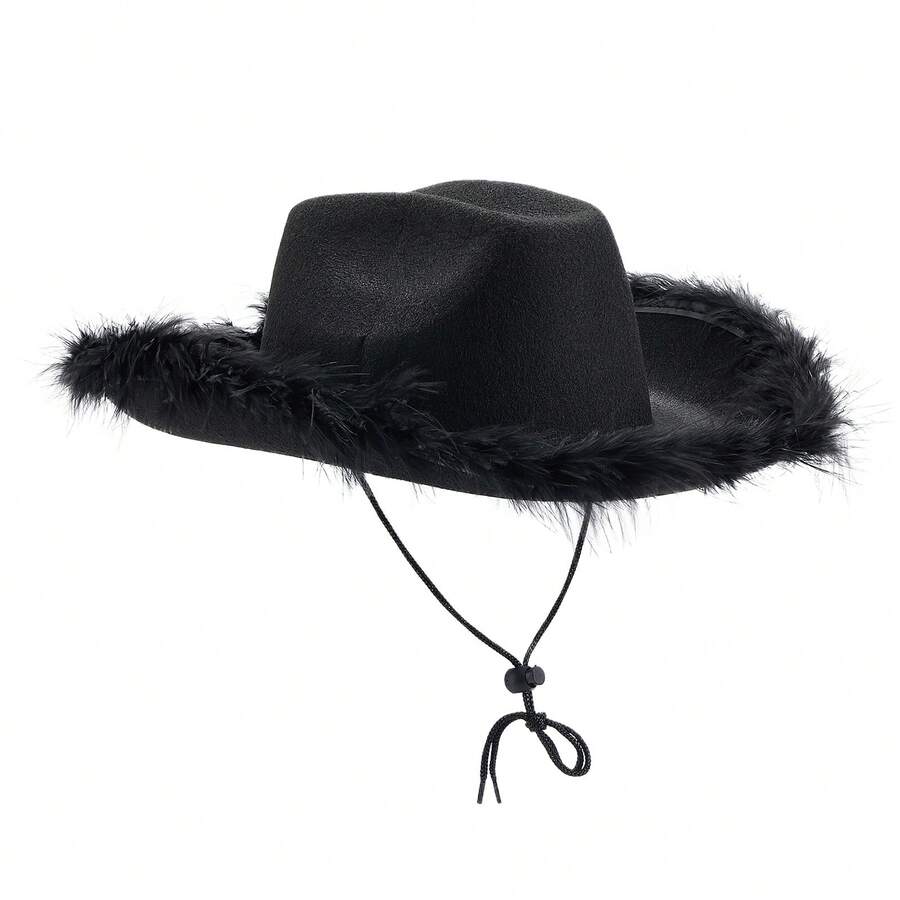 Womens Cowboy Hat, Adult Solid Color Furry Trim Wide Brim Hat Female Cap For Dating Party