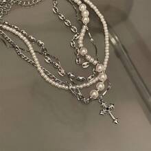 1pc Multi-Layer Pearl Necklace, Delicate Collarbone Chain, Unisex Niche Design Hiphop Couple Sweater Chain - Silver - View 5