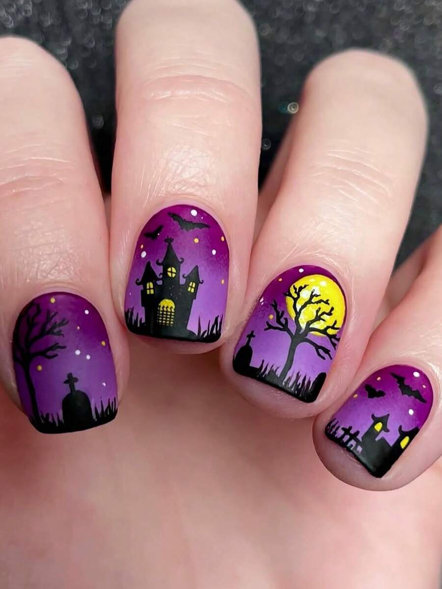 24Pcs Small Square Nails Halloween Purple Black Castle Moon Bat Black Tombstone And Tree Fake Nails Halloween Summer Nails Short Nails Nails Press On, Press On Nails Nail Supplies Nails