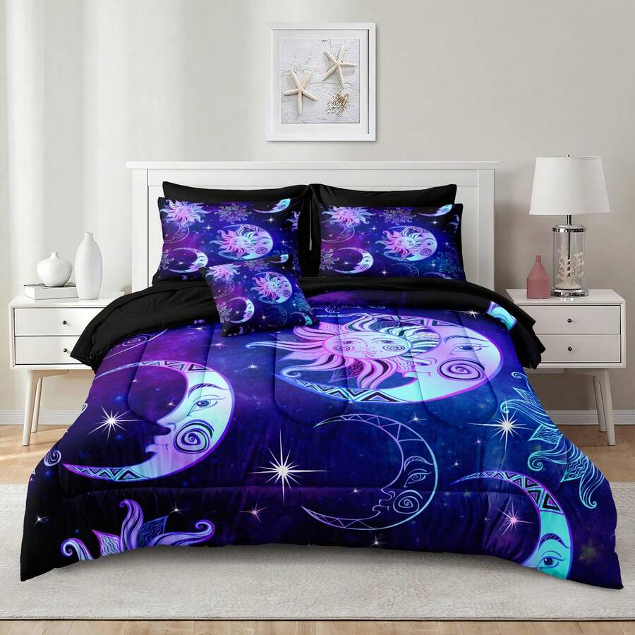 Sun And Moon Queen Comforter Set Purple Galaxy Bed In A Bag 8 Pcs Boho Chic Mandala Home Decor With 1 Cushion Cover - Màu tím - Xem 1