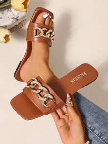 Dép lê nữ LangMoon 2026 màu nâu mới, mũi vuông, đế bằng, kiểu dáng tối giản, màu trơn kết hợp với họa tiết đính đá lấp lánh sang trọng, đế mềm chống trượt, bền chắc và thoải mái, đa năng, phù hợp cho kỳ nghỉ, đi làm, mua sắm, dự tiệc, mùa xuân/hè. - màu nâu - Xem 3
