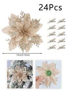 6/12/18/24PCS Christmas Artificial Flower Heads Sparkling Christmas Flowers For Home Weddings Parties Christmas Trees Garlands DIY Holiday Decoration Home Decor Christmas Decorations Room Decor