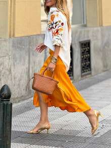 女士休闲宽松长袖印花衬衫，适合返校、万圣节、通勤、秋冬季