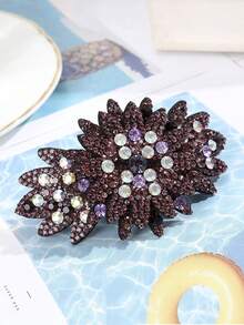 1pc Elegant Rhinestone Flower Spring Hair Clip (Rhinestone Color & Position Random), Flower Hair Accessories, Rave Accessories - Multicolor - View 10