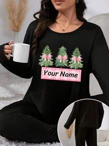 Personalized Plus-Size Women's Pink Christmas Tree & Gift Name Custom Print Lounge Set - Cozy Long Sleeve Crew Neck Top & Stretchy Pants, Soft Polyester Blend, Machine Washable - Perfect For Holiday Home Comfort, Cozy Home Outfit, Casual Comfort Wear, Machine Washable Loungewear, Fall