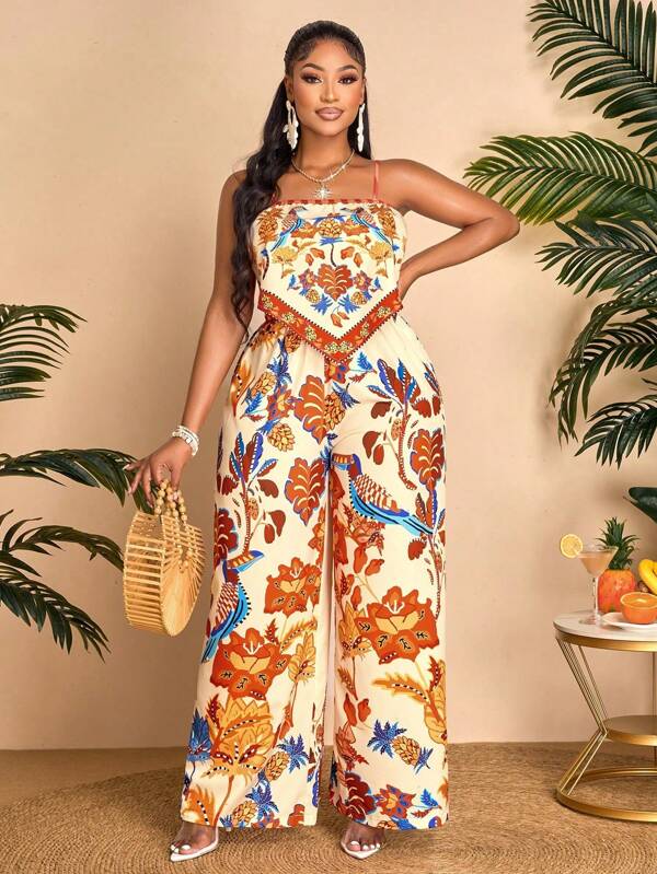 Women's Plus Size Bohemian Pineapple, Toucan, And Tropical Plant Print V-Neck Lace Up Vest Pants Two Pieces Set, Summer Casual Vacation Beach Vest Set
