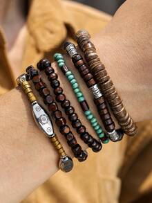 6pcs/Set Natural Coconut Shell & Wooden Bead Bracelet Set, Suitable For Daily Wear, Vacation, Travel Or Gift For Friends