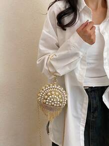 球形珍珠拼色流苏包，圆形手柄手拿包，斜挎链条包，适合晚会、宴会、晚礼服、口红、零钱包 - 金色 - 查看 3