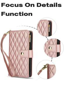 PU 仿皮翻盖手机壳适用于 17 Air 16E 16 15 14 13 12 Mini 11 Pro X XS Max XR 8 7 Plus SE 5G 2022 2020，拉链手机袋 - 玫瑰金 - 查看 7