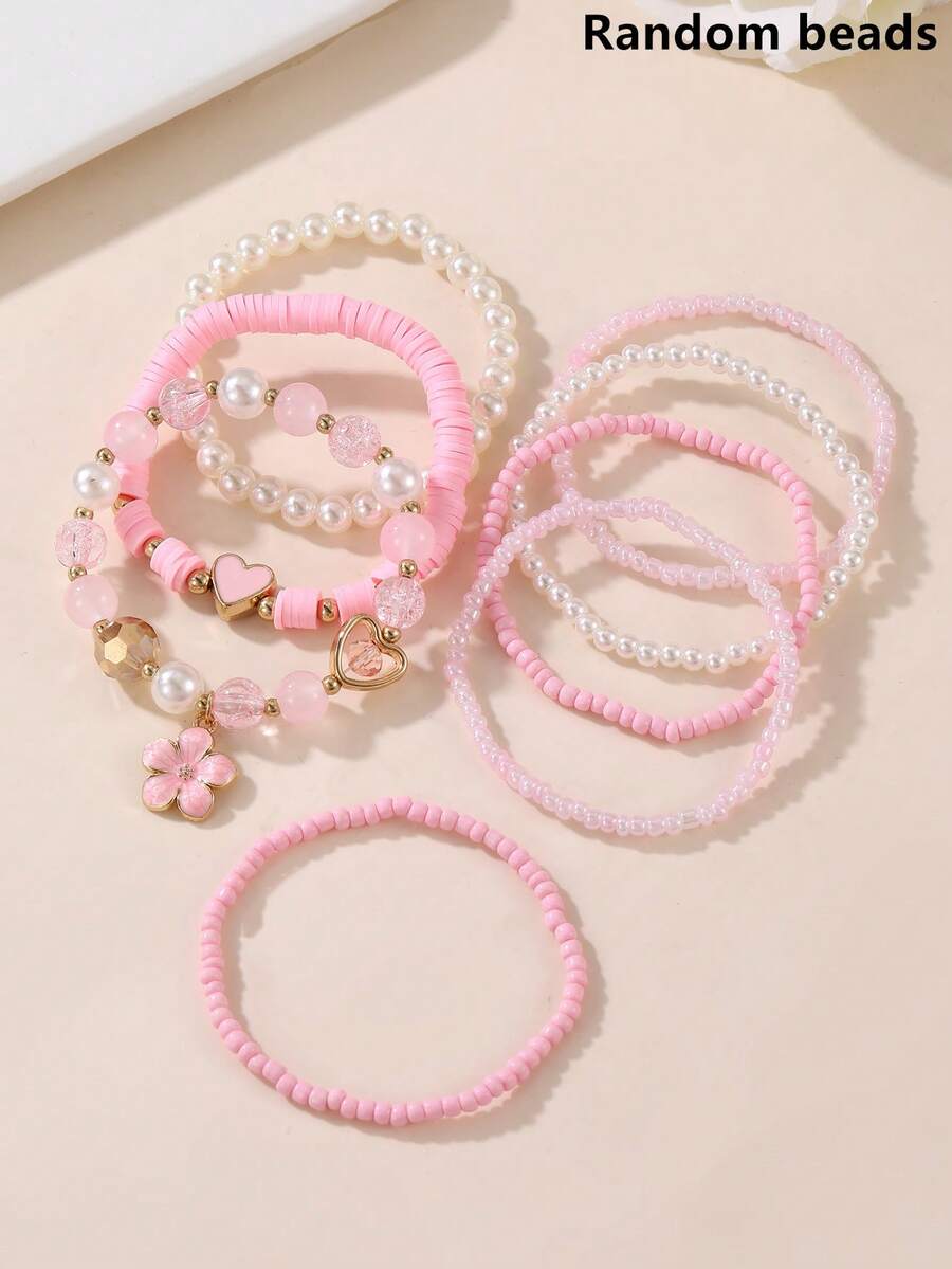 8pcs Girls' Pearl Beaded Heart & Flower Bracelet Set - Multicolor - View 1