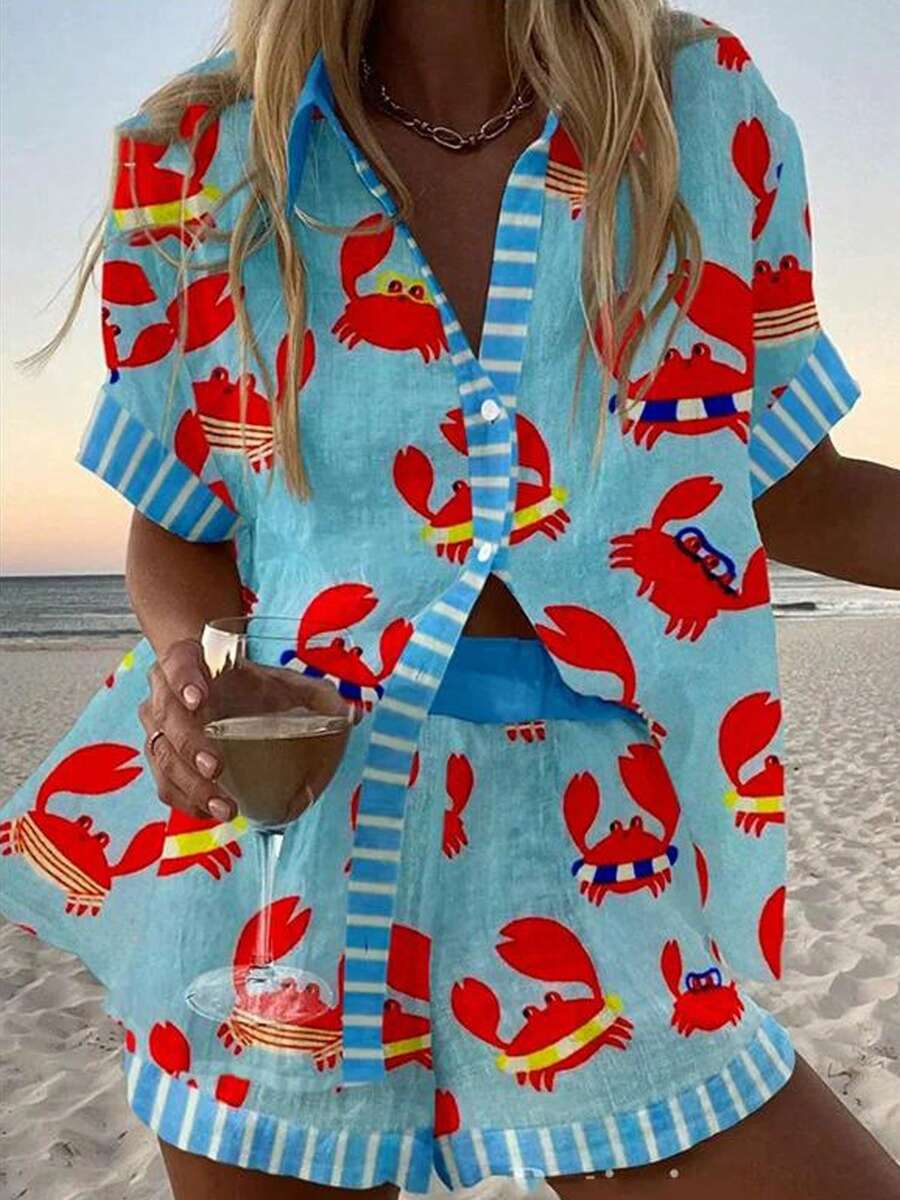 Women's Vacation Beach Two Piece Outfits Casual Lobster Crab Print Button Down Shirt Tops And Elastic Waist Shorts Y2K Summer Lounge Suit Sets - 藍色 - 查看 1