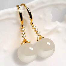Exquisite Ball Shape Long Earrings Multicolor Agate Beads Drop Earrings Rhinestone Temperament Ear Hook Ear Jewelry Wedding Party Gift - Đỏ - Xem 4