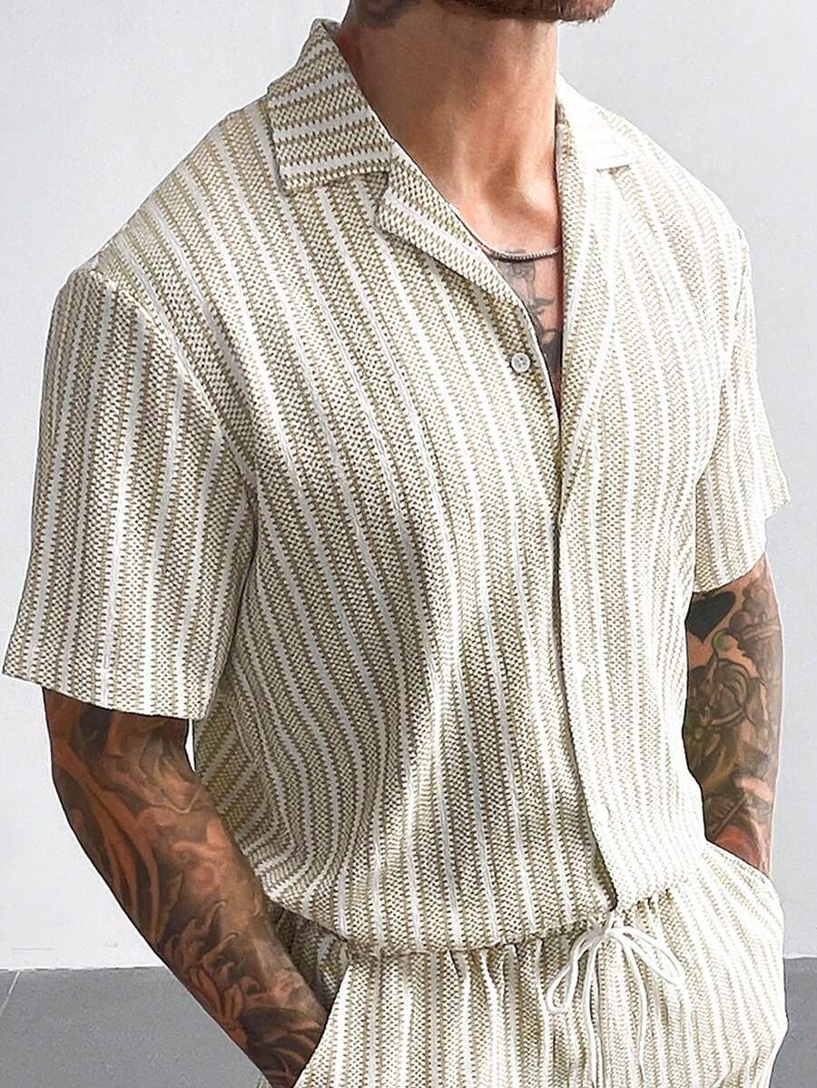 Áo sơ mi nam tay ngắn in sọc cài nút phía trước thời trang mùa hè - Màu Khaki - Xem 1