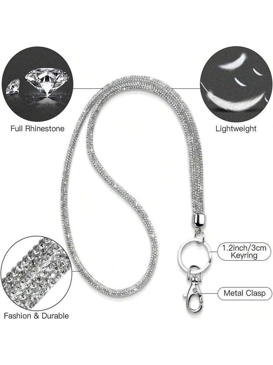 1 件水钻颈绳，可挂身份证和钥匙，31.5 英寸（约 80 厘米）闪亮颈带，带金属扣和钥匙圈，水晶挂绳，适用于办公室、白色、学校用品、返校