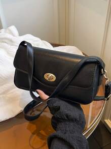 时尚新款纯色翻盖五金扣手提单肩包，经典优雅，简约实用的方形女士斜挎包，适合购物、钱包、逛街、年轻女性、大学生、新人、白领人士。非常适合办公室、大学、工作、商务、通勤、户外活动、旅行和郊游