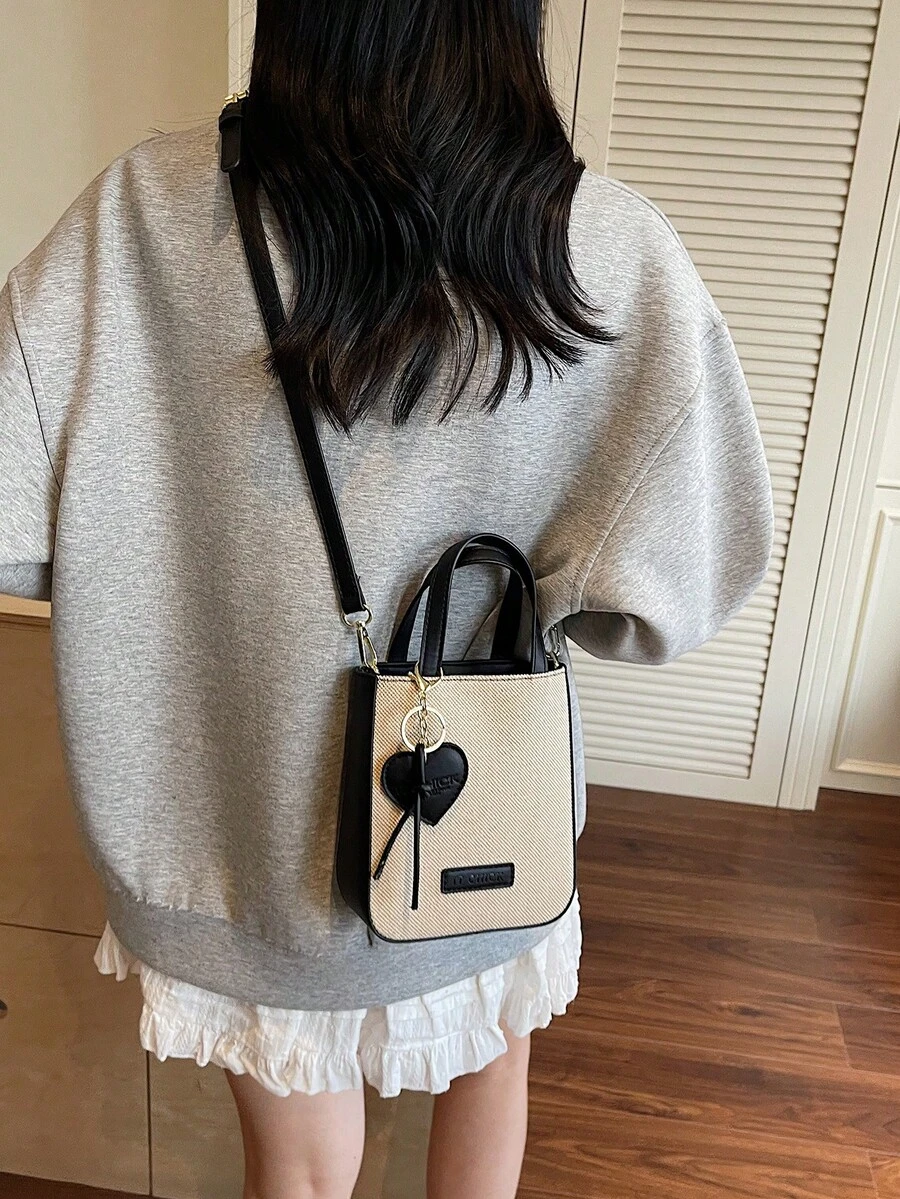 1 件女士纯色 PU 手提包，拉链开合，时尚女友礼物 - 黑色 - 查看 1