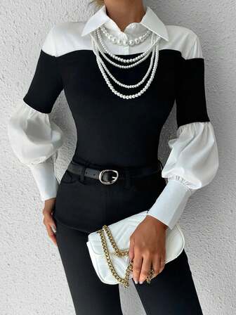 ELVA Women's Elegant Stylish Fitted Colorblock Black & White Blouse (Without Pearl Chain)
