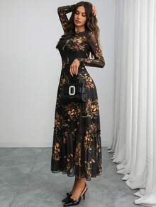 Women's Gothic Elegant Long Dress, Black Base, Colorful Floral Print, Mesh Round Neck Long Sleeve, Fitted Waist, Ruffle Hem Spring - Multicolor - View 3