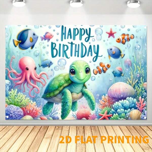 2DUnderwater Adventure Verjaardagsbanner en Schildpad - Polyester Oceaan Thema Feestachtergrond, 1 Stuk, Oceaan Thema Decoratieve Taarttafel, Fotolijst Accessoires, Geen Elektriciteit Vereist