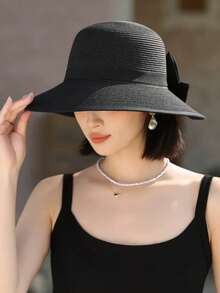 1 件女士夏季遮阳帽，时尚简约宽边帽，百搭蝴蝶结设计，适合夏季防晒，款式随机带抽绳