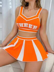 女士清新蓝+白啦啦队制服性感印花胸罩和裙子套装 - 橘色 - 查看 5