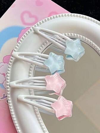 4pcs Cute Dopamine Girl Style Epoxy Resin Star Teardrop Hair Clips, Bangs Clamps, Soft Adorable Side Bun Clips, Hair Accessories, Claw Clips, Hair Claws, Clips For Hair, Hair Slide, Hair Barrettes, School Stuff, Accessories Y2k