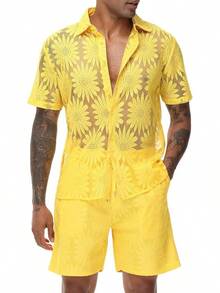 Men Summer Casual Short Sets Lace Short Sleeve Button Down Shirt Elastic Waist Shorts 2 Piece Outfits Tracksuithalloween - 橘色 - 查看 4