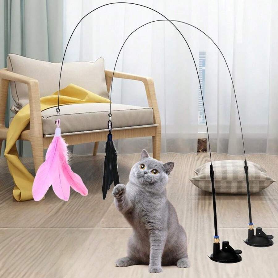 1Pc Cat Teasers Stick Interactive Toys, Pet Feather Bell Refill Replacement Catcher Product For Cat Exercise Self-Entertainment,With Suction Cup,Handheld Teaser Stick,Cat Mom,Dog Mom,Catlover,Doglover, Best Cat Mom ,Best Dog Mom,Cool