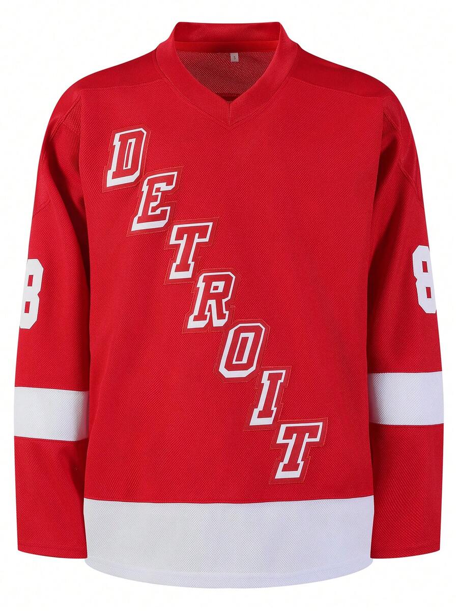 Atonmore 男式 88 红色冰球服刺绣缝线运动服休闲训练长袖套头衫 - 紅色 - 查看 1