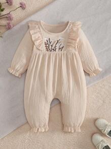 MommBaby MommBaby Infant Girls' Solid Color Cotton Ruffle Embroidered Long Sleeve Romper With Open Crotch Pants, Casual Outfit For Spring & Autumn