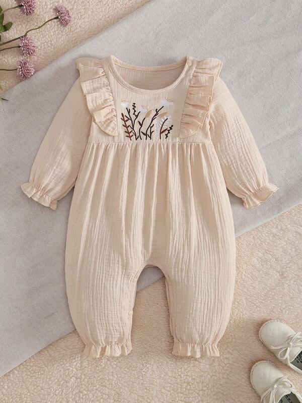  MommBaby Baby Mädchen einfarbiger Baumwoll-Rüschen-Stickerei-Langarm-Jumpsuit mit offenem Schritt, lässiger Outfit für Frühling & Herbst