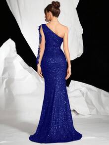 时尚亮片单肩长袖晚礼服刺绣网纱拼接长款连衣裙，优雅 - 寶藍色 - 查看 2