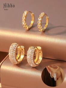 Hihho 2 对时尚方形立方氧化锆环状耳环，适合女性结婚周年纪念订婚派对珠宝、情人节、母亲节礼物 - 金黃色 - 查看 3