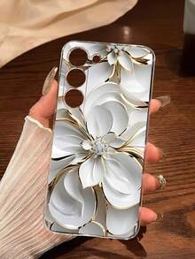 1 件时尚白色金属花透明软保护手机壳适用于三星 Galaxy A04e/12/A13/A14/A34/A50/A52/A53/A54/S21/S22/S23/S24/S25/S25 超防水防震防摔防刮