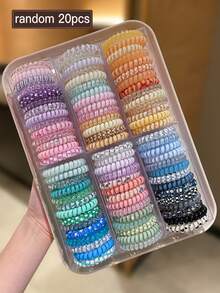 20个/包 随机颜色螺旋发圈，高弹力发绳，甜美可爱风格，女士发饰，适合日常休闲和户外活动，也可用作学习用品、发饰、女士配饰。发绳马尾辫头饰