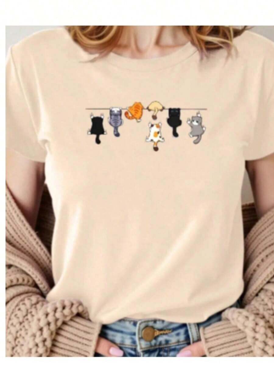 Women's Blouse CUTE KITTENS Beautiful And Stylish Round Neck T-Shirt Mesh 30.1 Casual - 米色 - 查看 1
