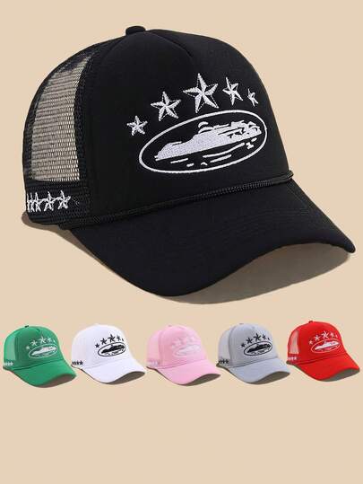 1 pieza Gorra de béisbol de malla con estrella de cinco puntas bordada, ajustable, protección solar para exteriores, sombrero casual adecuado para primavera/otoño, viajes, playa, hombres y mujeres, estilo Y2K, (ligera deformación durante el envío, no afecta el uso)