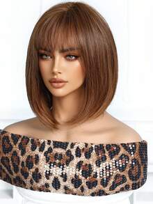 12英寸酒红色波波头假发，带刘海，采用自然逼真的合成纤维制成，适合日常佩戴、派对、舞会和角色扮演。 - 棕色 - 查看 6