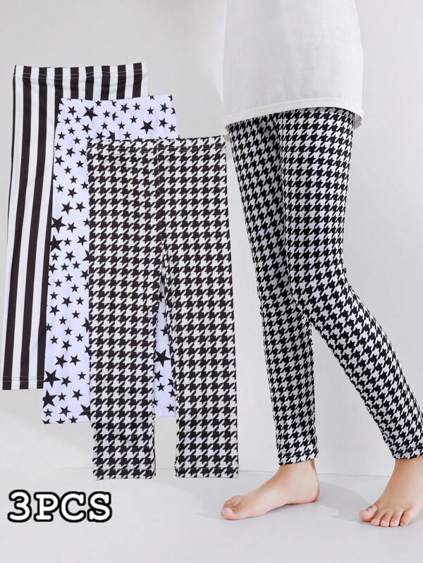 3pcs Girls' Black & White Striped, Star, Houndstooth Print Cropped Leggings, Snug Fit Pants Tights For Young Ladies, All Season