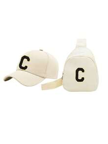 2件套A-Z字母棒球帽和包，适合男孩，时尚团队运动遮阳帽，带可调节肩带 - 旅行腰包斜挎包 - 米色 - 查看 7