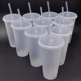 10 Pcs Reusable Plastic Cups With Straw And Lids,24oz Water Cup Tumblers Iced Coffee Sippy Cup Large Water Bottle Travel Mug Party Bulk Cold For Adults Perfect For Parties Ideal Birthdays Christmas Housewarming Gifts